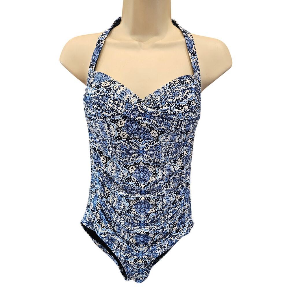 Nip tuck swim suit multi fit cup padded support bra lift blue Medallion sz 8